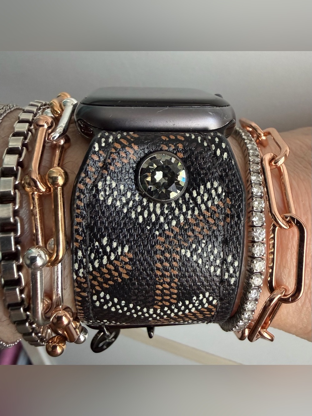 Upcycled black Goyard Spark*l band for Apple Watch, size 2